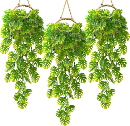 3PCS Fake Hanging Plants - 27.5" Uv Resistant Artificial Monstera Vines with 69 Ivy Leaves, Faux Monstera Plant for Wall Shelf Room Patio Garden Wedding Hawaiian Jungle Themed Party Decro