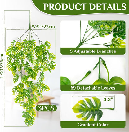 3PCS Fake Hanging Plants - 27.5" Uv Resistant Artificial Monstera Vines with 69 Ivy Leaves, Faux Monstera Plant for Wall Shelf Room Patio Garden Wedding Hawaiian Jungle Themed Party Decro