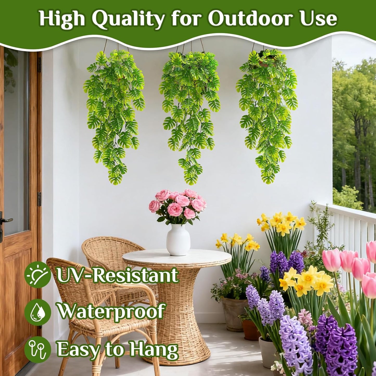 3PCS Fake Hanging Plants - 27.5" Uv Resistant Artificial Monstera Vines with 69 Ivy Leaves, Faux Monstera Plant for Wall Shelf Room Patio Garden Wedding Hawaiian Jungle Themed Party Decro