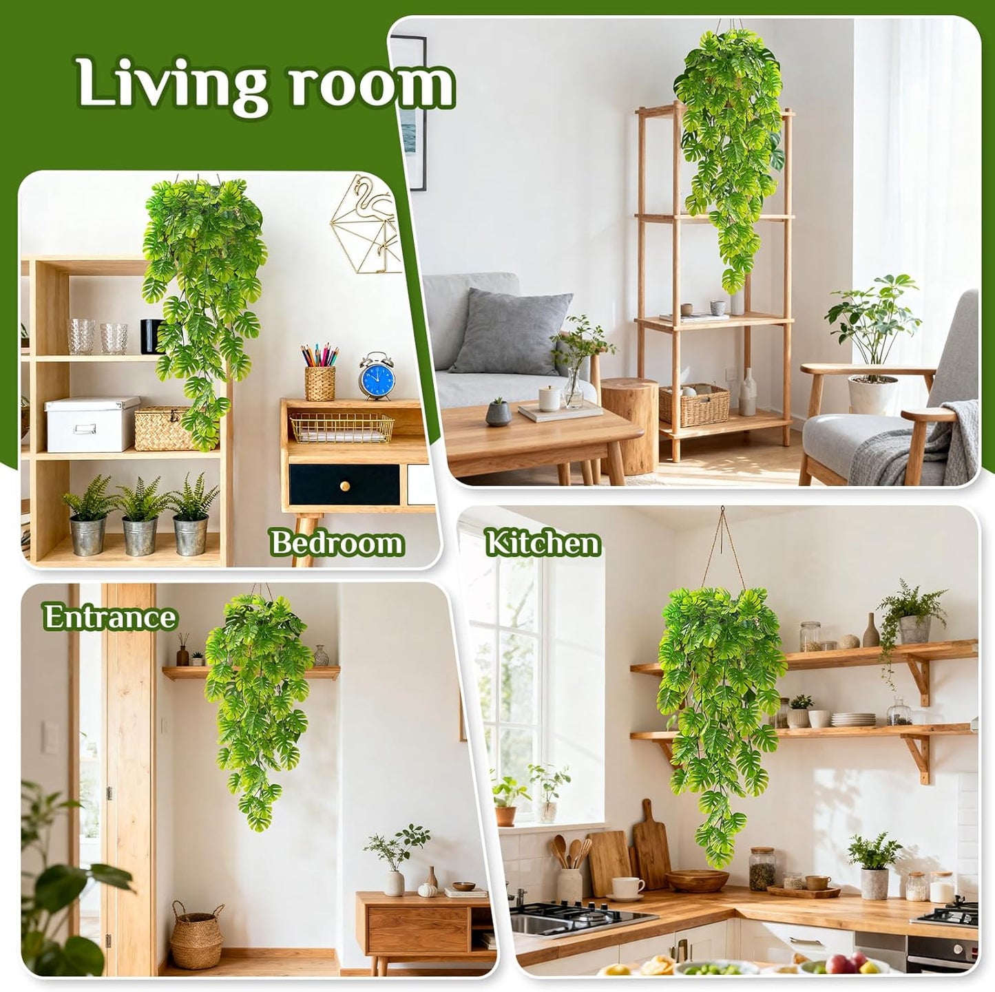 3PCS Fake Hanging Plants - 27.5" Uv Resistant Artificial Monstera Vines with 69 Ivy Leaves, Faux Monstera Plant for Wall Shelf Room Patio Garden Wedding Hawaiian Jungle Themed Party Decro