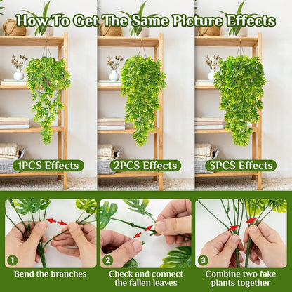 3PCS Fake Hanging Plants - 27.5" Uv Resistant Artificial Monstera Vines with 69 Ivy Leaves, Faux Monstera Plant for Wall Shelf Room Patio Garden Wedding Hawaiian Jungle Themed Party Decro