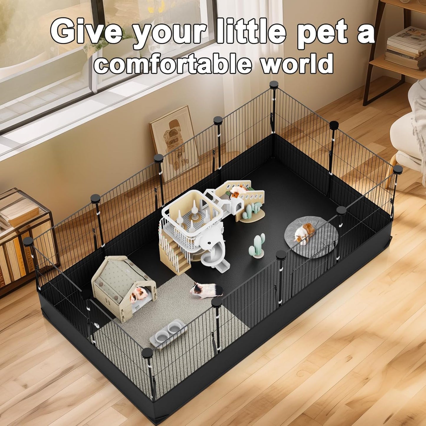 Guinea Pig Cage with Waterproof Mat & 12 Transparent Panels, Bunny Enclosure and Indoor Guinea Pig Playpen 48''L x 24''W x 16''H, Small Animal Playpen for Hamster, Hedgehog, Kitten, Rabbit