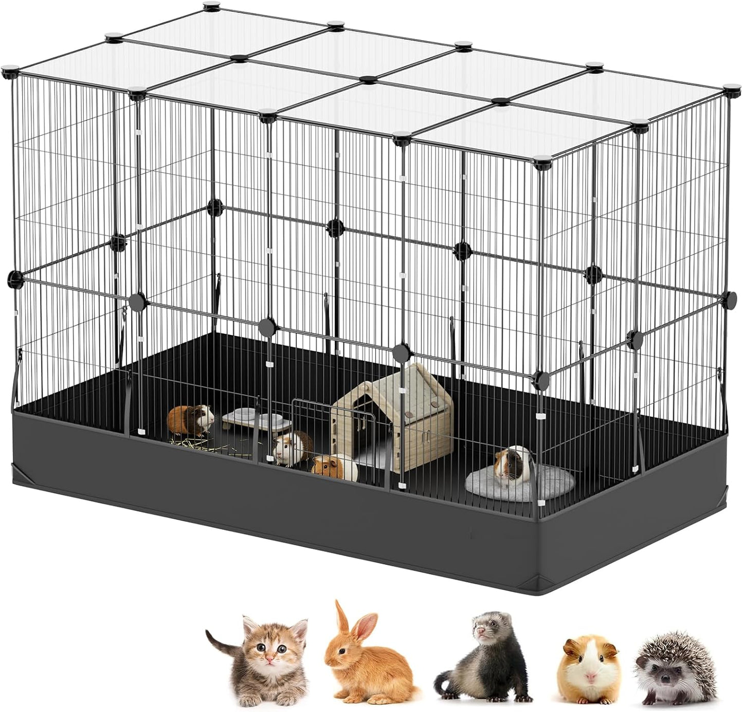 Guinea Pig Cage with Waterproof Mat & 12 Transparent Panels, Bunny Enclosure and Indoor Guinea Pig Playpen 48''L x 24''W x 16''H, Small Animal Playpen for Hamster, Hedgehog, Kitten, Rabbit