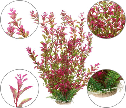 18 Inch Artificial Aquarium Plants | Red Rhodo Plastic Fish Tank Decorations, Safe for Freshwater & Saltwater, Non-Toxic Stone Base Ornament for Betta Fish Tank