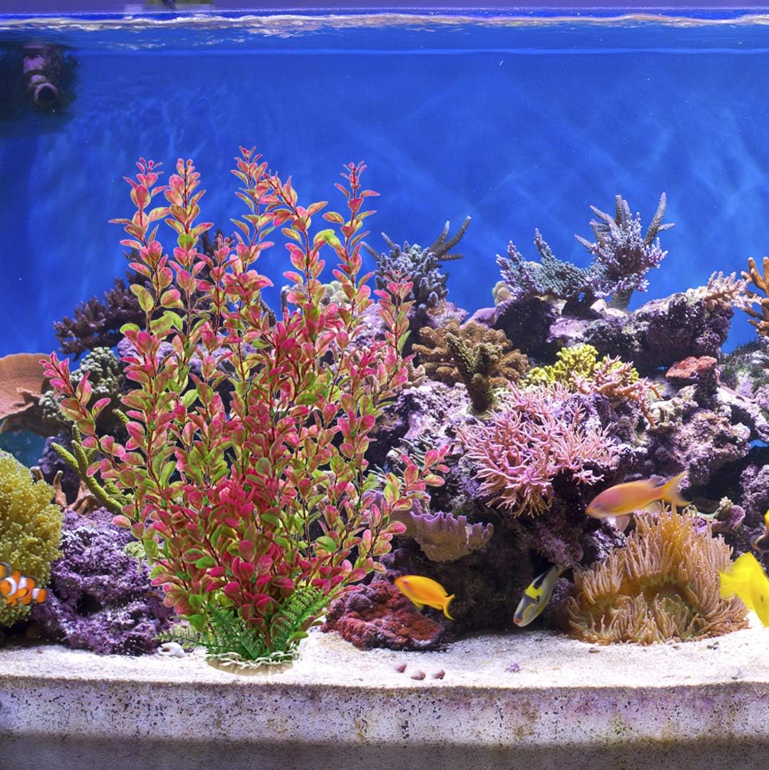 18 Inch Artificial Aquarium Plants | Red Rhodo Plastic Fish Tank Decorations, Safe for Freshwater & Saltwater, Non-Toxic Stone Base Ornament for Betta Fish Tank