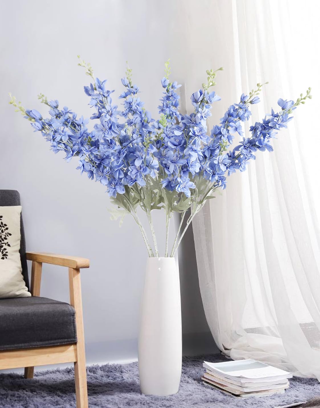 8PCS Blue Delphinium Artificial Flowers Larkspur Fake Flowers 33.5in Long Stem Faux Silk Flowers Bulk for Tall Vase for Home Wedding Floral Arrangement Centerpiece Table Decorations (Baby Blue)