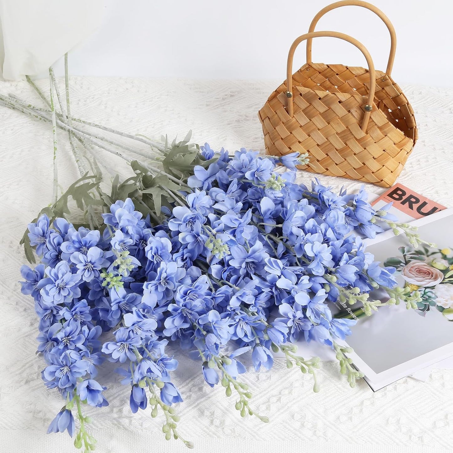 8PCS Blue Delphinium Artificial Flowers Larkspur Fake Flowers 33.5in Long Stem Faux Silk Flowers Bulk for Tall Vase for Home Wedding Floral Arrangement Centerpiece Table Decorations (Baby Blue)