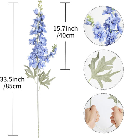 8PCS Blue Delphinium Artificial Flowers Larkspur Fake Flowers 33.5in Long Stem Faux Silk Flowers Bulk for Tall Vase for Home Wedding Floral Arrangement Centerpiece Table Decorations (Baby Blue)