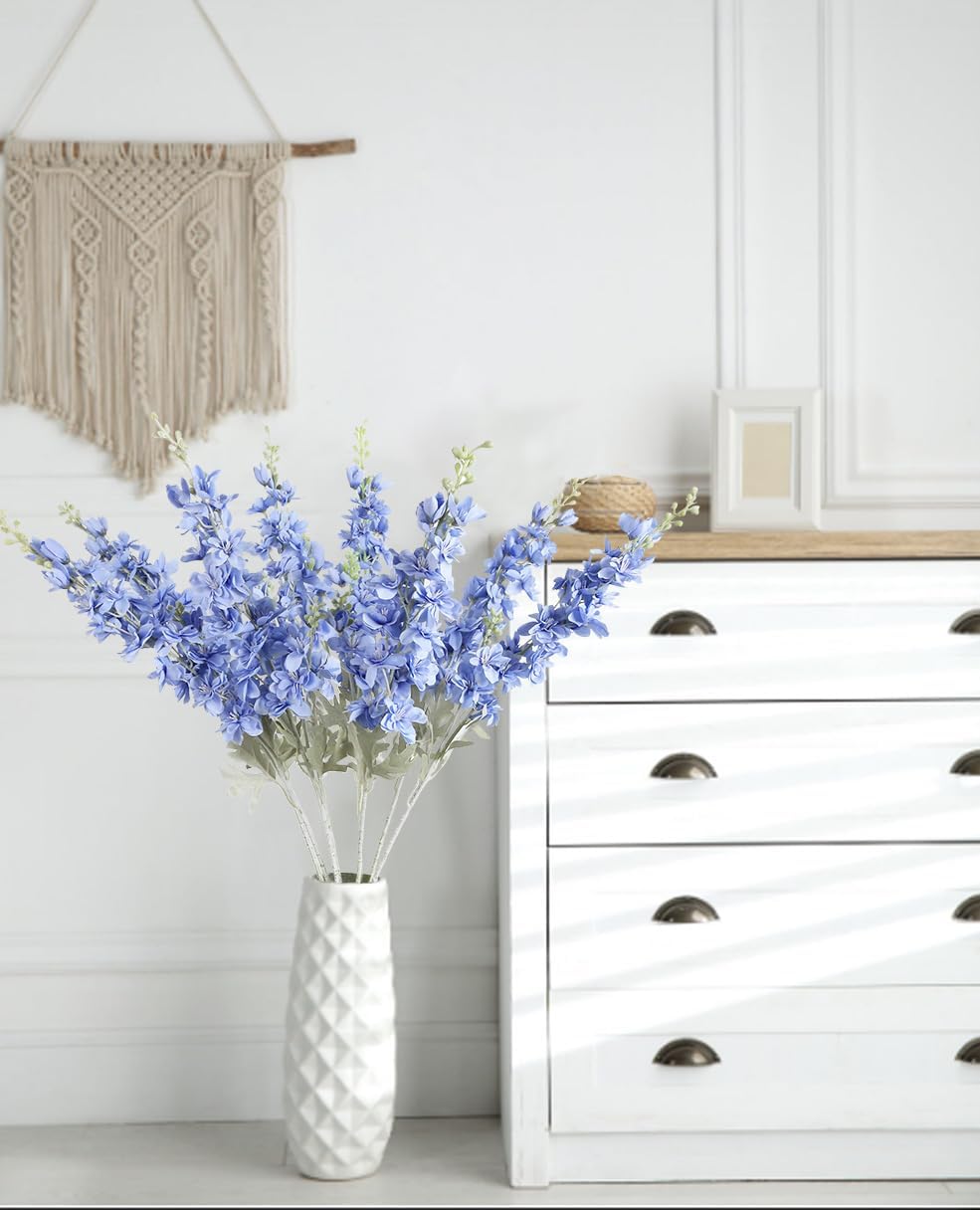 8PCS Blue Delphinium Artificial Flowers Larkspur Fake Flowers 33.5in Long Stem Faux Silk Flowers Bulk for Tall Vase for Home Wedding Floral Arrangement Centerpiece Table Decorations (Baby Blue)