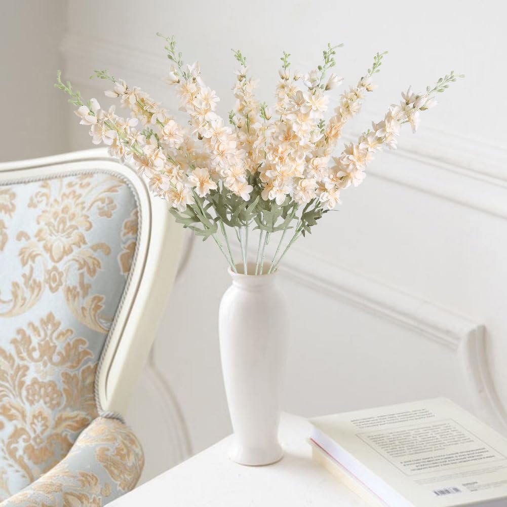 8PCS Blue Delphinium Artificial Flowers Larkspur Fake Flowers 33.5in Long Stem Faux Silk Flowers Bulk for Tall Vase for Home Wedding Floral Arrangement Centerpiece Table Decorations (Baby Blue)