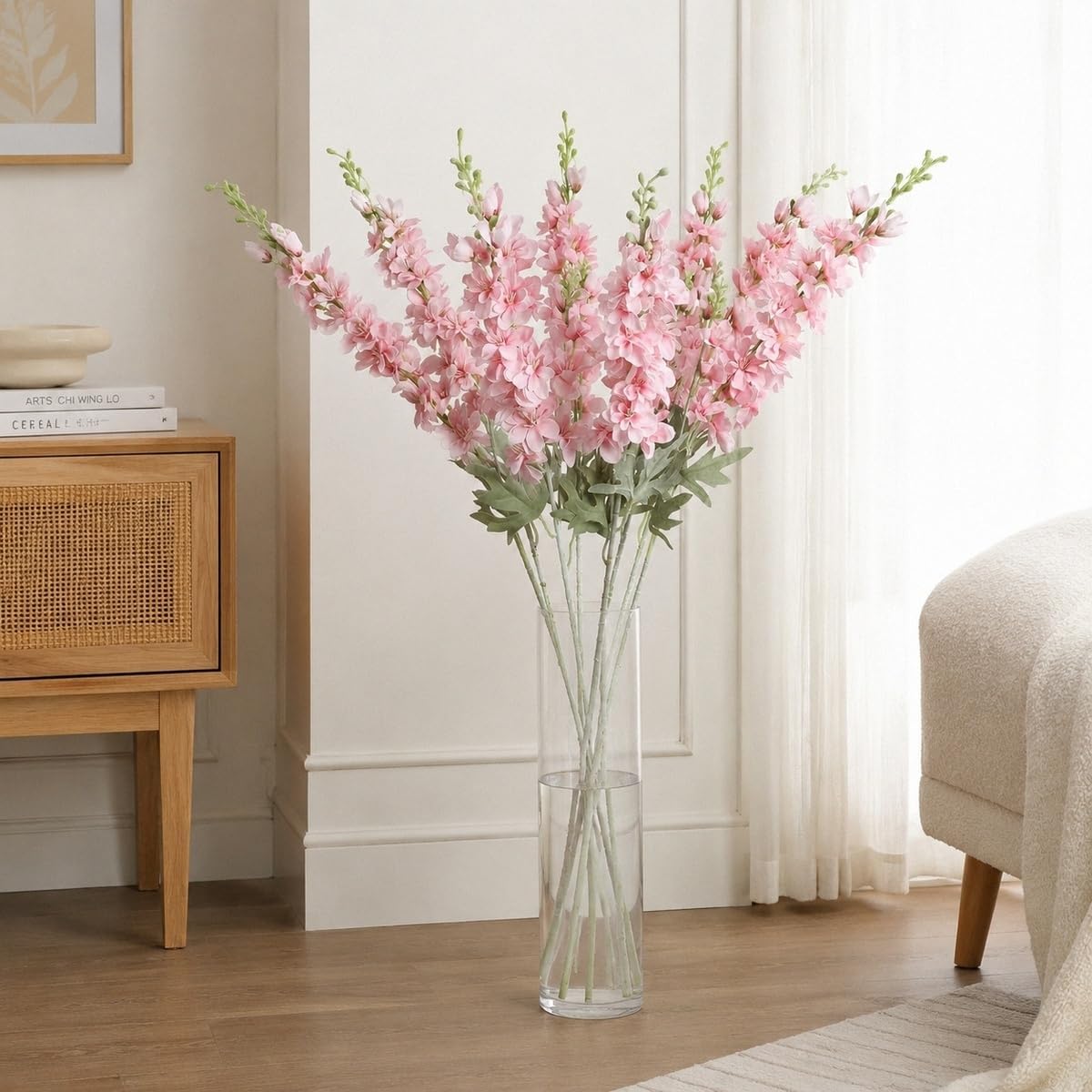8PCS Blue Delphinium Artificial Flowers Larkspur Fake Flowers 33.5in Long Stem Faux Silk Flowers Bulk for Tall Vase for Home Wedding Floral Arrangement Centerpiece Table Decorations (Baby Blue)