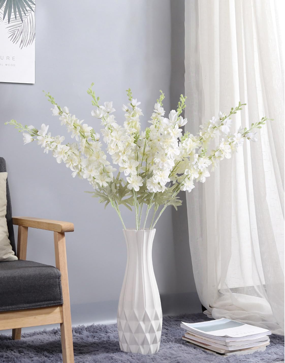 8PCS Blue Delphinium Artificial Flowers Larkspur Fake Flowers 33.5in Long Stem Faux Silk Flowers Bulk for Tall Vase for Home Wedding Floral Arrangement Centerpiece Table Decorations (Baby Blue)