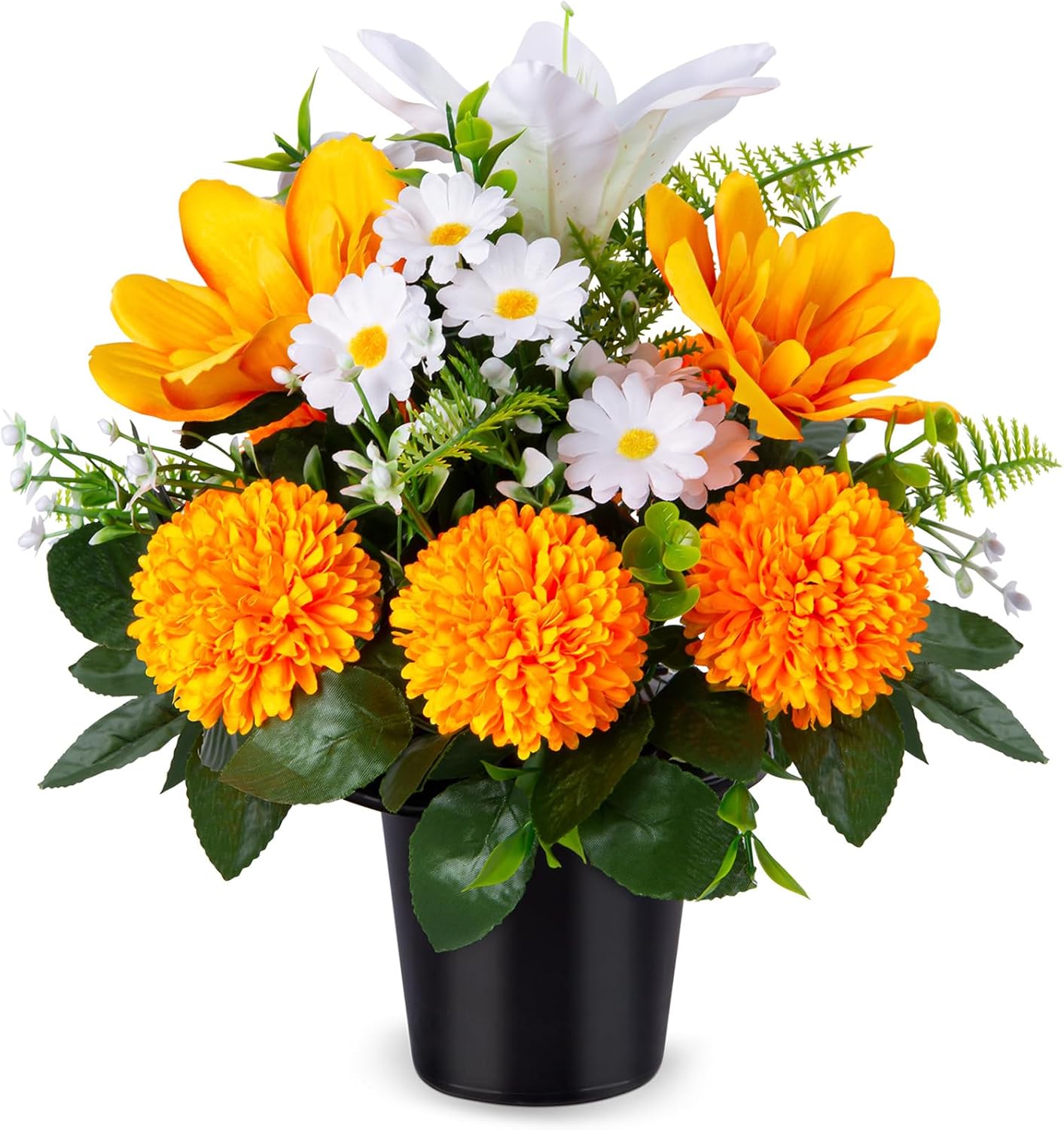Artificial Grave Flowers in Pots, Artificial Rose Lily Daisy Memorial Flowers with Pot for Cemetery Funeral Outdoor Graveside Decoration (1piece, White & Red)