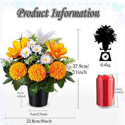 Artificial Grave Flowers in Pots, Artificial Rose Lily Daisy Memorial Flowers with Pot for Cemetery Funeral Outdoor Graveside Decoration (1piece, White & Red)