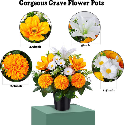 Artificial Grave Flowers in Pots, Artificial Rose Lily Daisy Memorial Flowers with Pot for Cemetery Funeral Outdoor Graveside Decoration (1piece, White & Red)