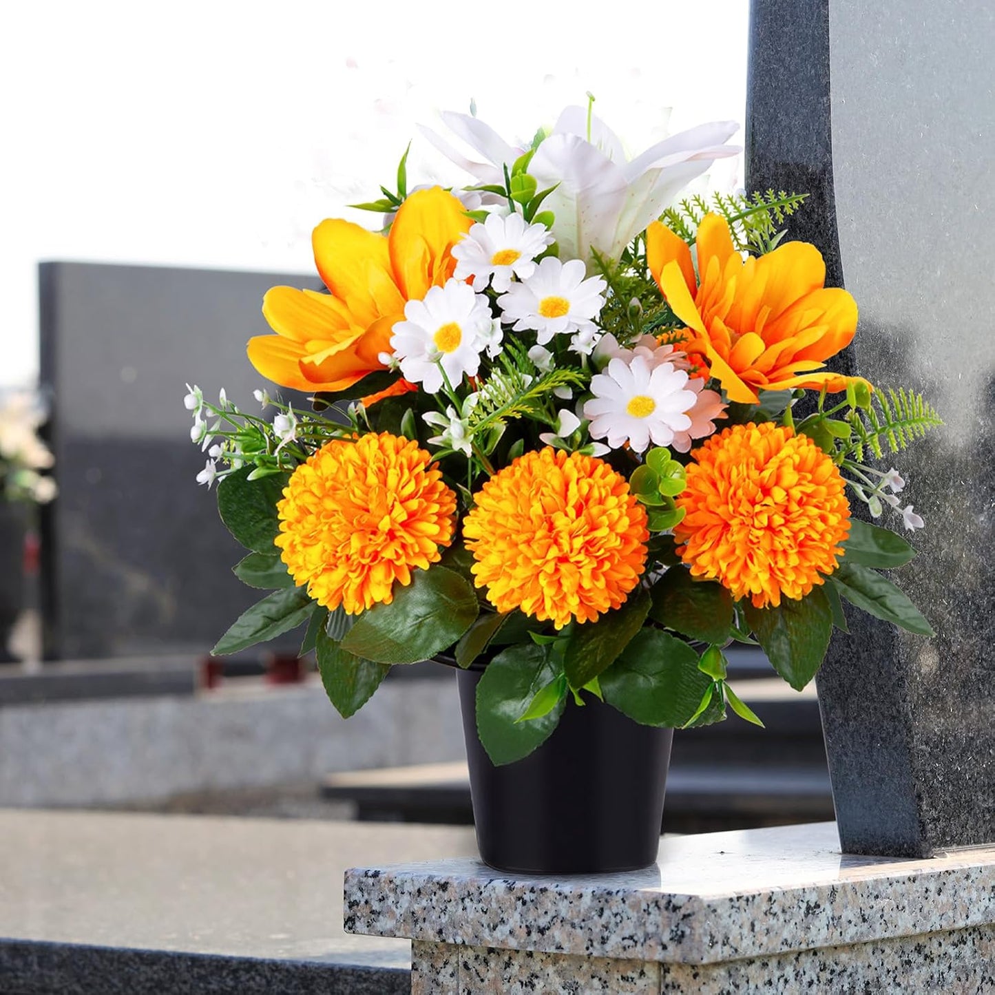 Artificial Grave Flowers in Pots, Artificial Rose Lily Daisy Memorial Flowers with Pot for Cemetery Funeral Outdoor Graveside Decoration (1piece, White & Red)