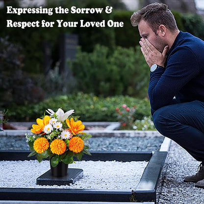 Artificial Grave Flowers in Pots, Artificial Rose Lily Daisy Memorial Flowers with Pot for Cemetery Funeral Outdoor Graveside Decoration (1piece, White & Red)