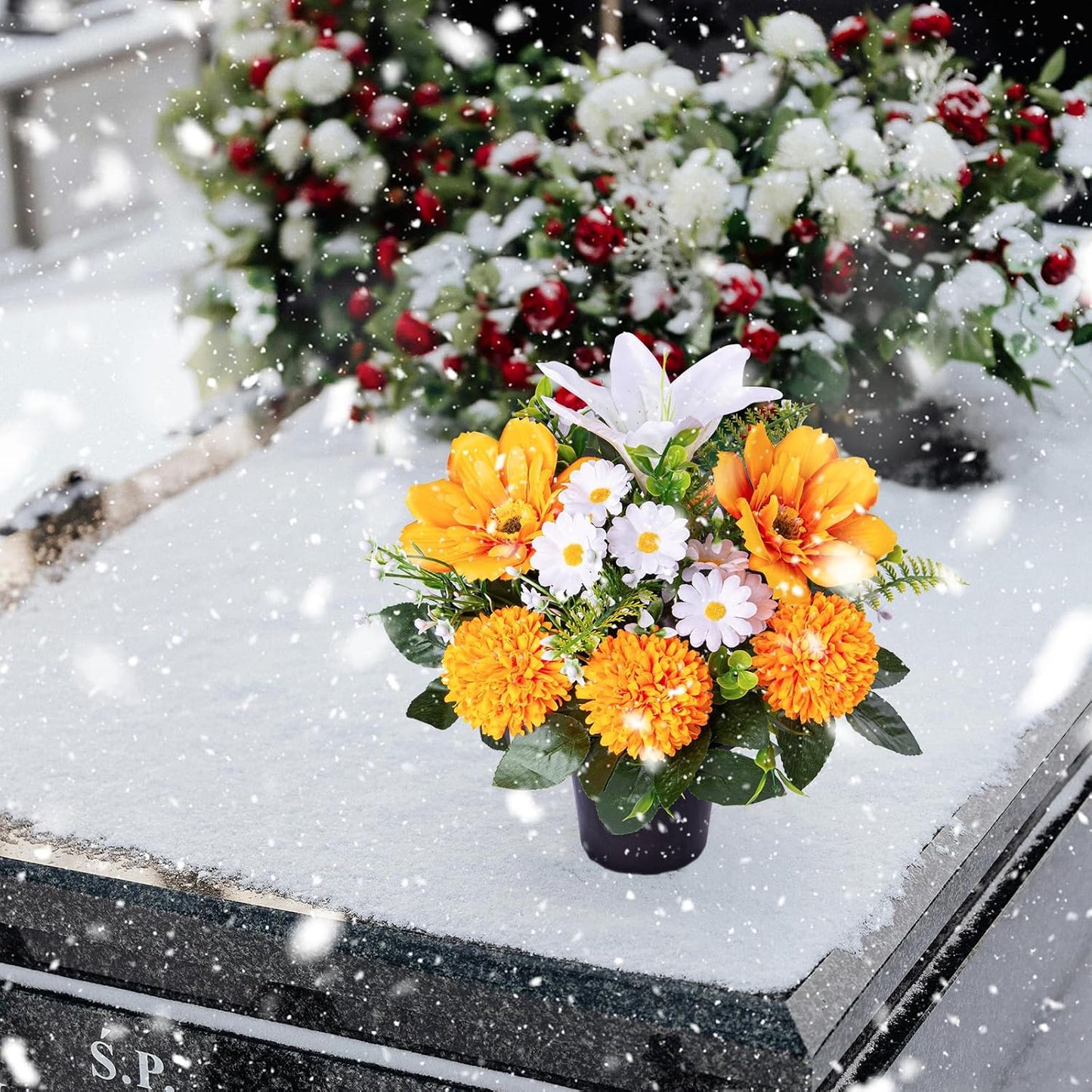 Artificial Grave Flowers in Pots, Artificial Rose Lily Daisy Memorial Flowers with Pot for Cemetery Funeral Outdoor Graveside Decoration (1piece, White & Red)