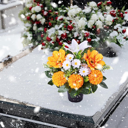 Artificial Grave Flowers in Pots, Artificial Rose Lily Daisy Memorial Flowers with Pot for Cemetery Funeral Outdoor Graveside Decoration (1piece, White & Red)