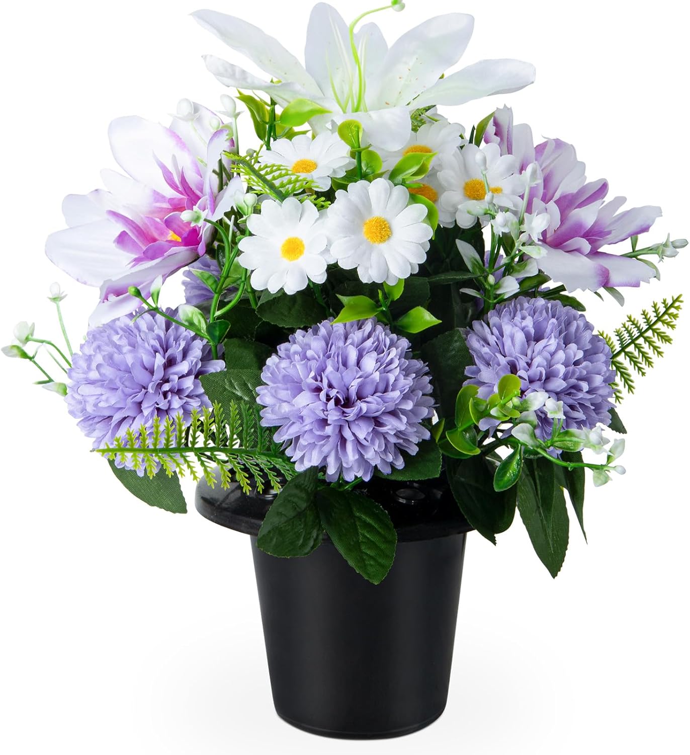 Artificial Grave Flowers in Pots, Artificial Rose Lily Daisy Memorial Flowers with Pot for Cemetery Funeral Outdoor Graveside Decoration (1piece, White & Red)