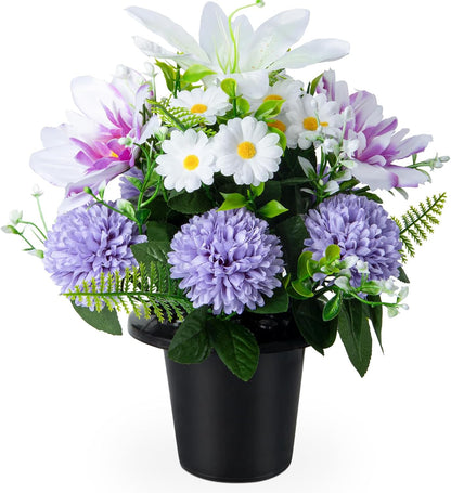 Artificial Grave Flowers in Pots, Artificial Rose Lily Daisy Memorial Flowers with Pot for Cemetery Funeral Outdoor Graveside Decoration (1piece, White & Red)