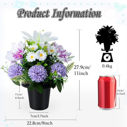 Artificial Grave Flowers in Pots, Artificial Rose Lily Daisy Memorial Flowers with Pot for Cemetery Funeral Outdoor Graveside Decoration (1piece, White & Red)