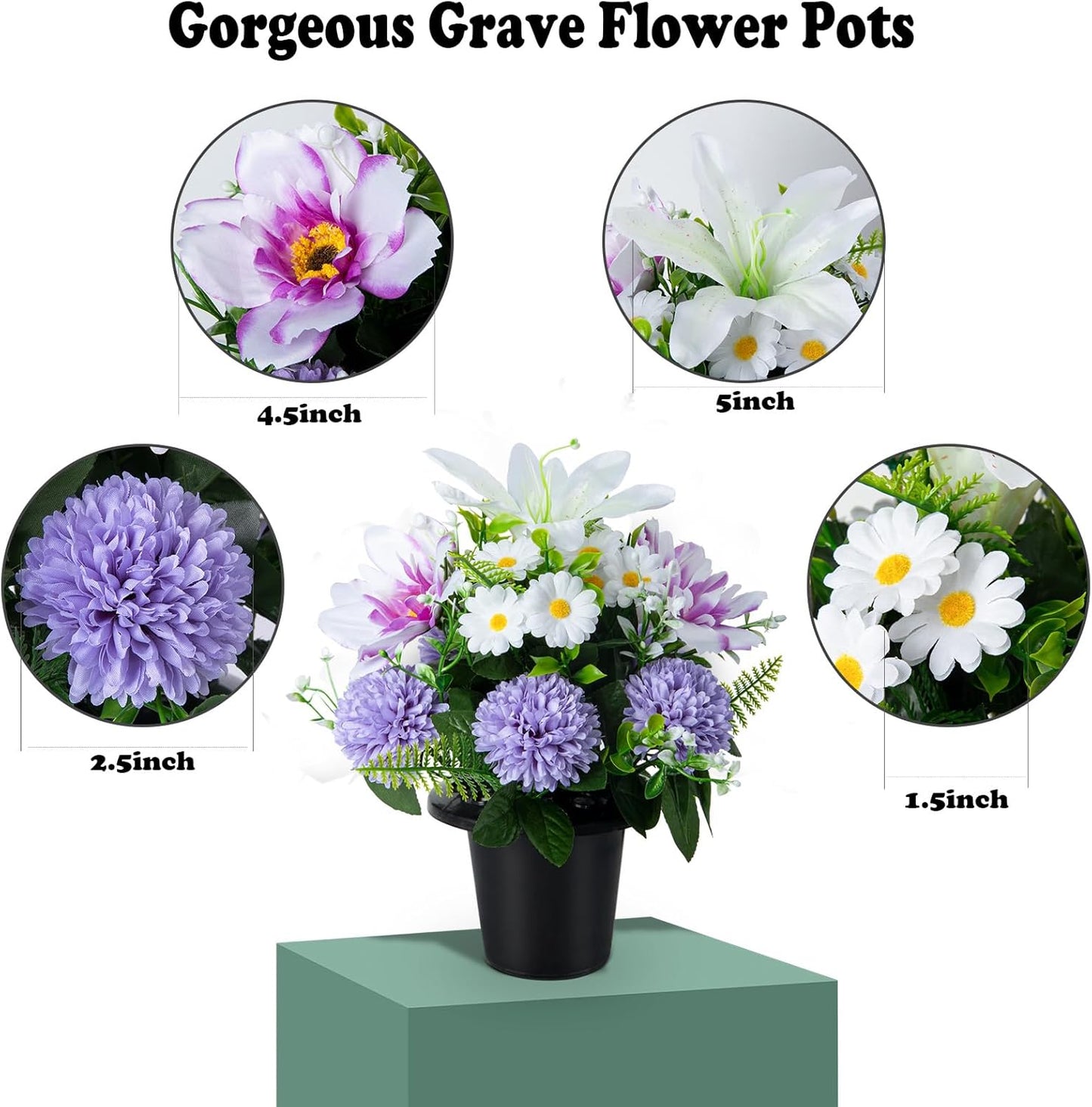 Artificial Grave Flowers in Pots, Artificial Rose Lily Daisy Memorial Flowers with Pot for Cemetery Funeral Outdoor Graveside Decoration (1piece, White & Red)