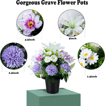 Artificial Grave Flowers in Pots, Artificial Rose Lily Daisy Memorial Flowers with Pot for Cemetery Funeral Outdoor Graveside Decoration (1piece, White & Red)