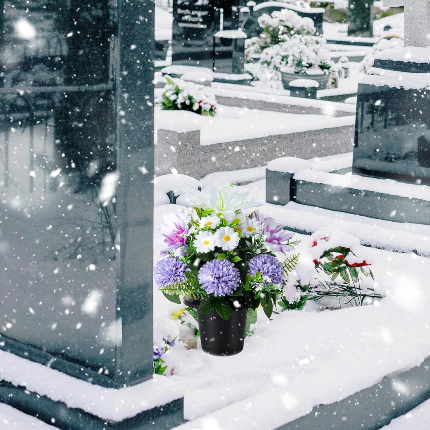 Artificial Grave Flowers in Pots, Artificial Rose Lily Daisy Memorial Flowers with Pot for Cemetery Funeral Outdoor Graveside Decoration (1piece, White & Red)