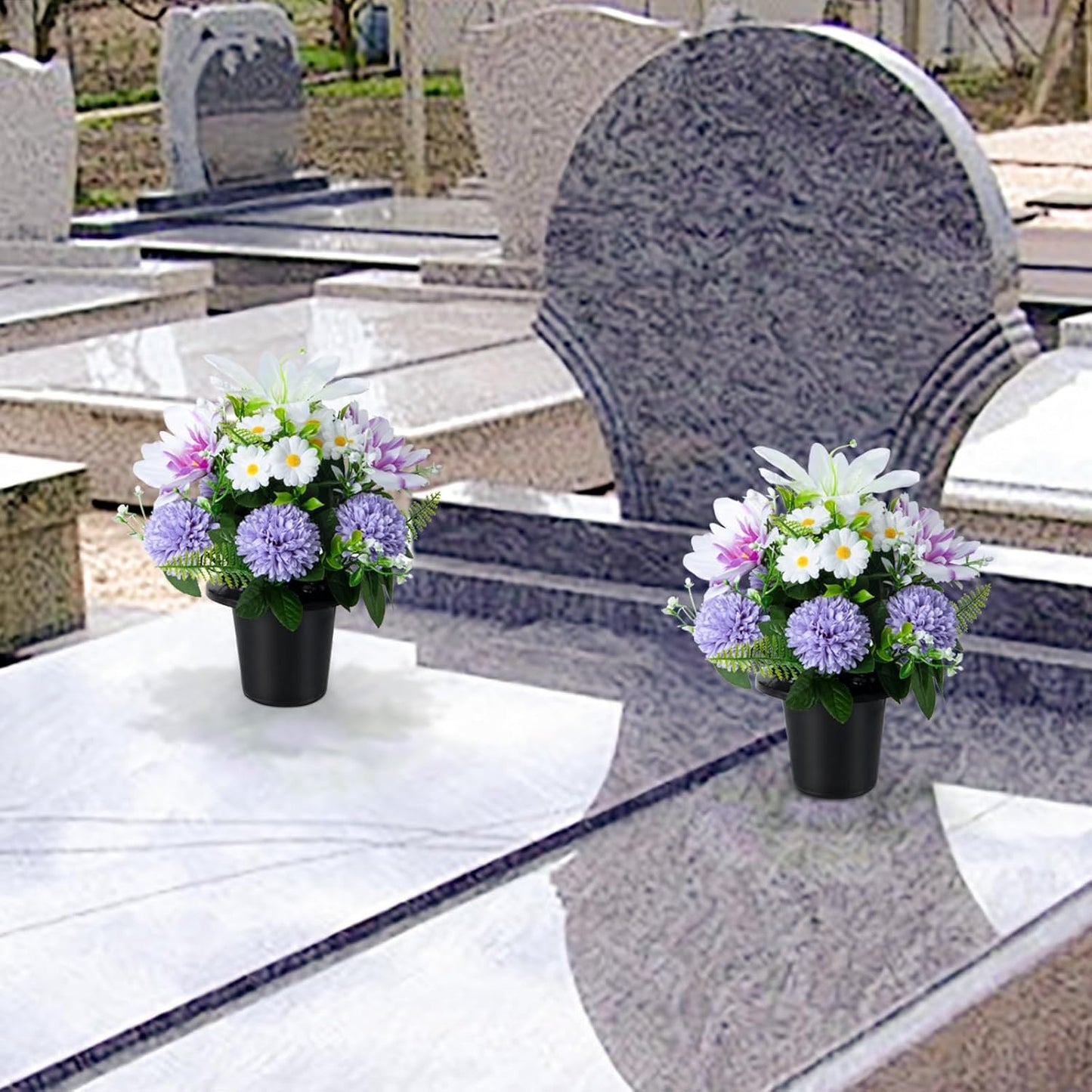 Artificial Grave Flowers in Pots, Artificial Rose Lily Daisy Memorial Flowers with Pot for Cemetery Funeral Outdoor Graveside Decoration (1piece, White & Red)