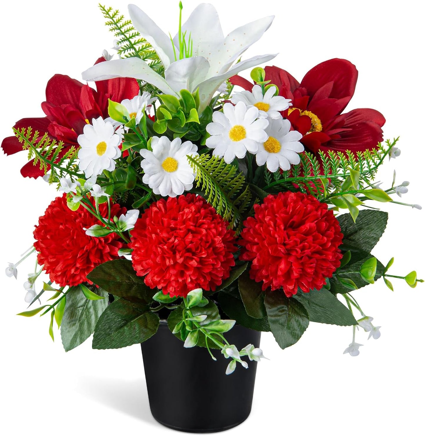 Artificial Grave Flowers in Pots, Artificial Rose Lily Daisy Memorial Flowers with Pot for Cemetery Funeral Outdoor Graveside Decoration (1piece, White & Red)