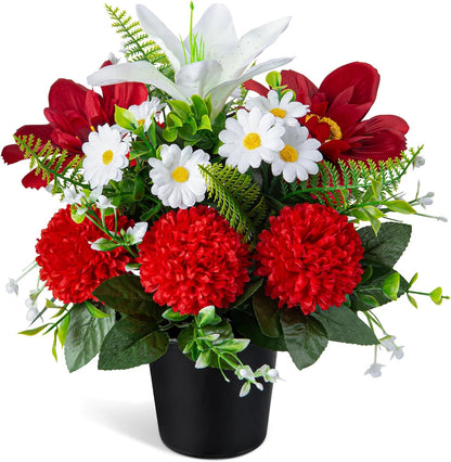 Artificial Grave Flowers in Pots, Artificial Rose Lily Daisy Memorial Flowers with Pot for Cemetery Funeral Outdoor Graveside Decoration (1piece, White & Red)