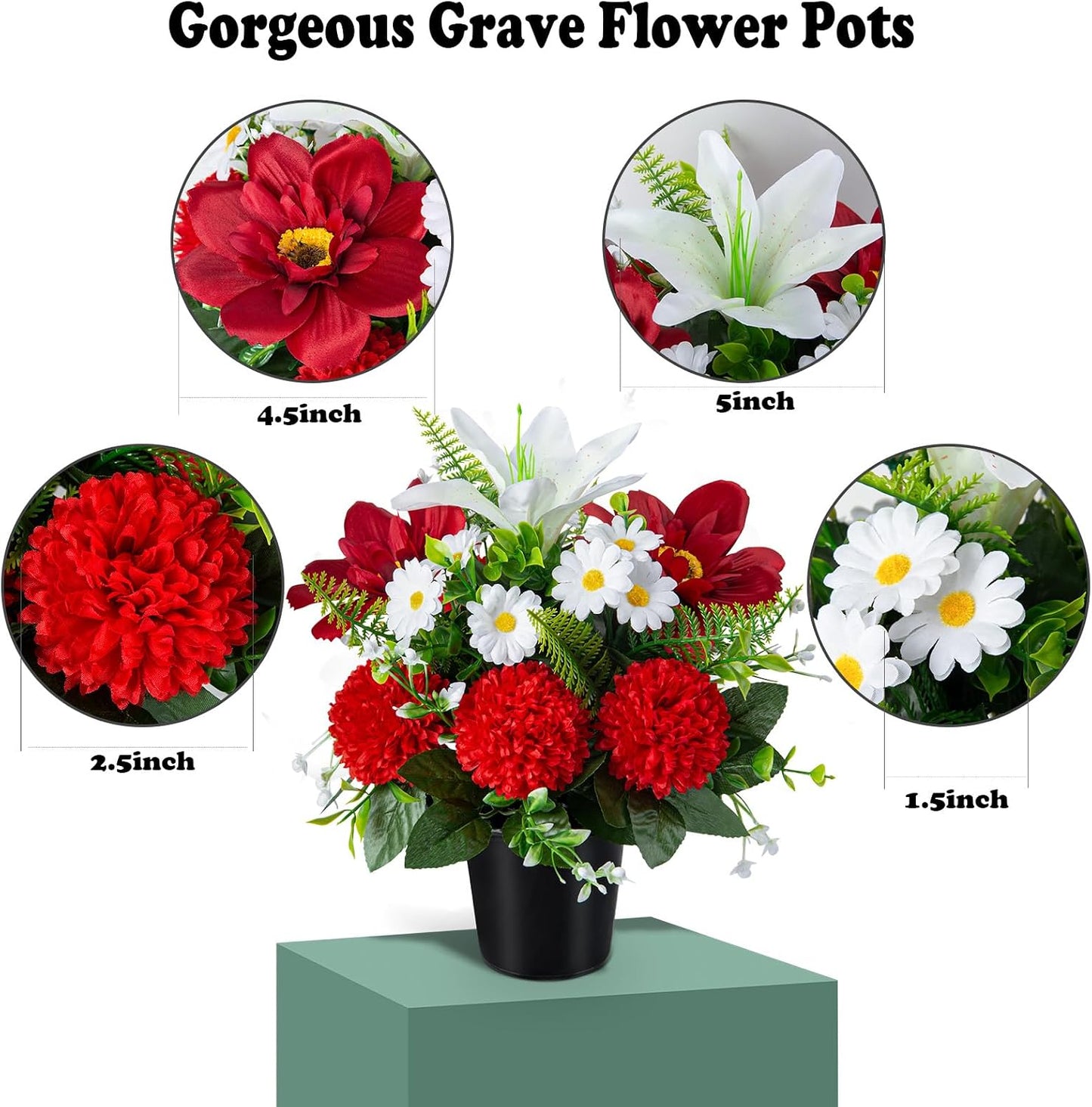 Artificial Grave Flowers in Pots, Artificial Rose Lily Daisy Memorial Flowers with Pot for Cemetery Funeral Outdoor Graveside Decoration (1piece, White & Red)