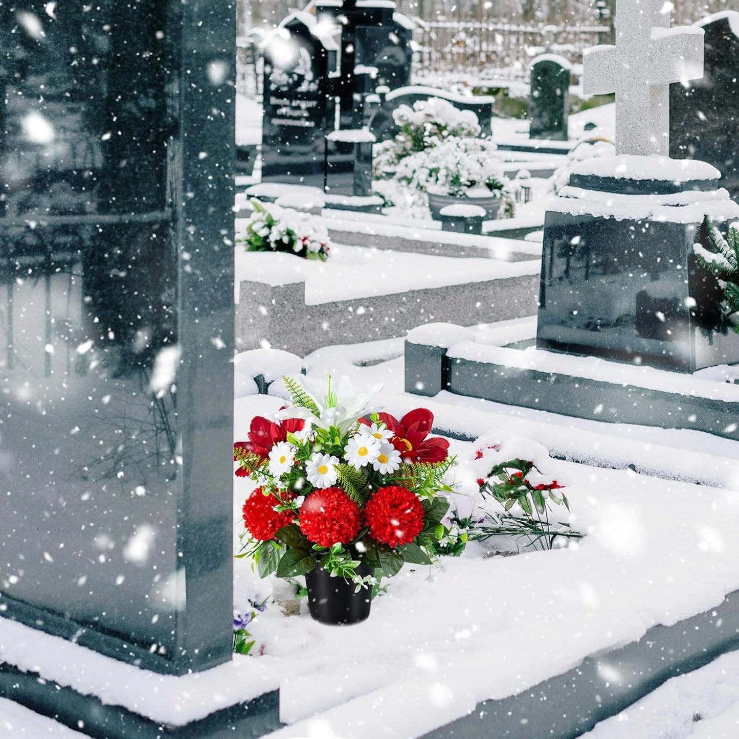 Artificial Grave Flowers in Pots, Artificial Rose Lily Daisy Memorial Flowers with Pot for Cemetery Funeral Outdoor Graveside Decoration (1piece, White & Red)