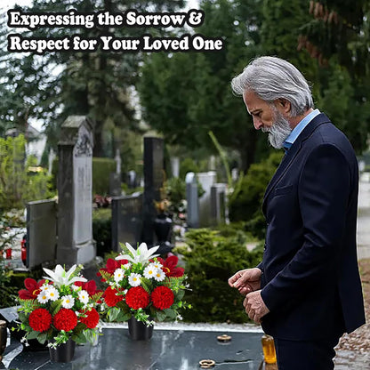 Artificial Grave Flowers in Pots, Artificial Rose Lily Daisy Memorial Flowers with Pot for Cemetery Funeral Outdoor Graveside Decoration (1piece, White & Red)