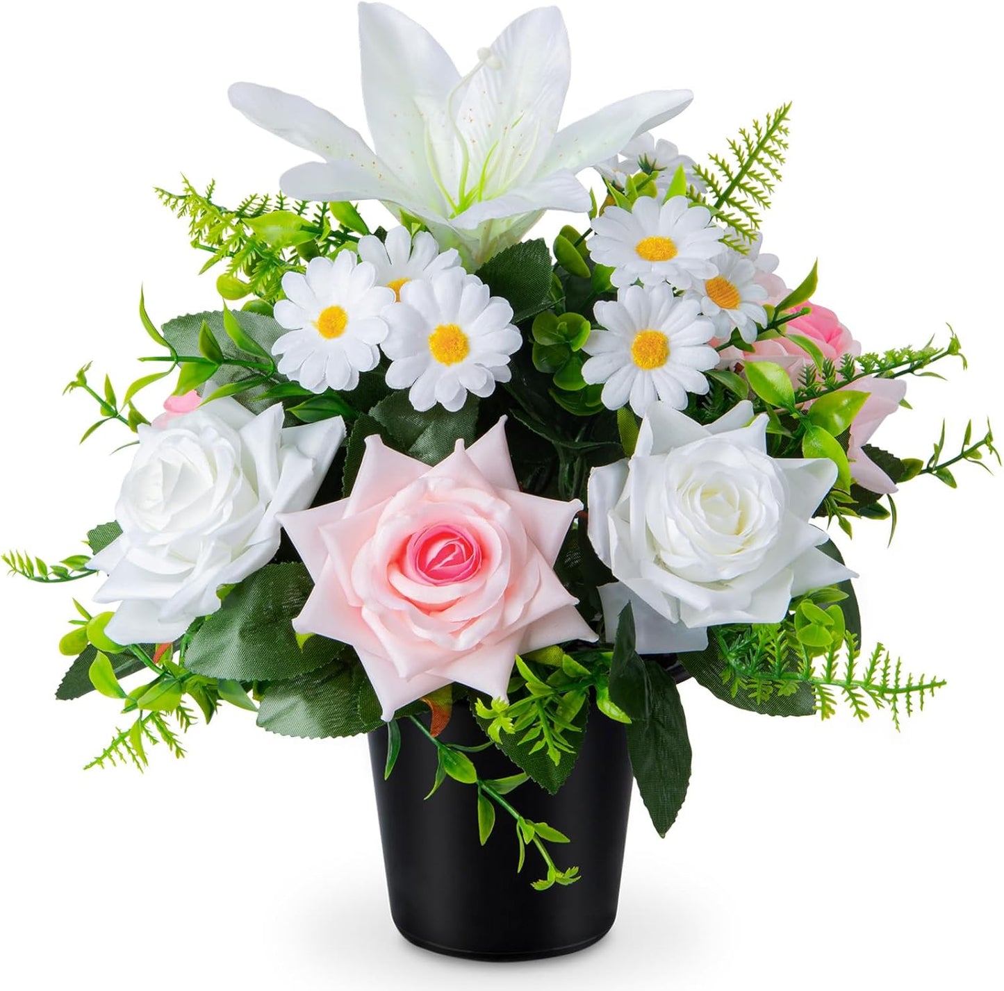 Artificial Grave Flowers in Pots, Artificial Rose Lily Daisy Memorial Flowers with Pot for Cemetery Funeral Outdoor Graveside Decoration (1piece, White & Red)