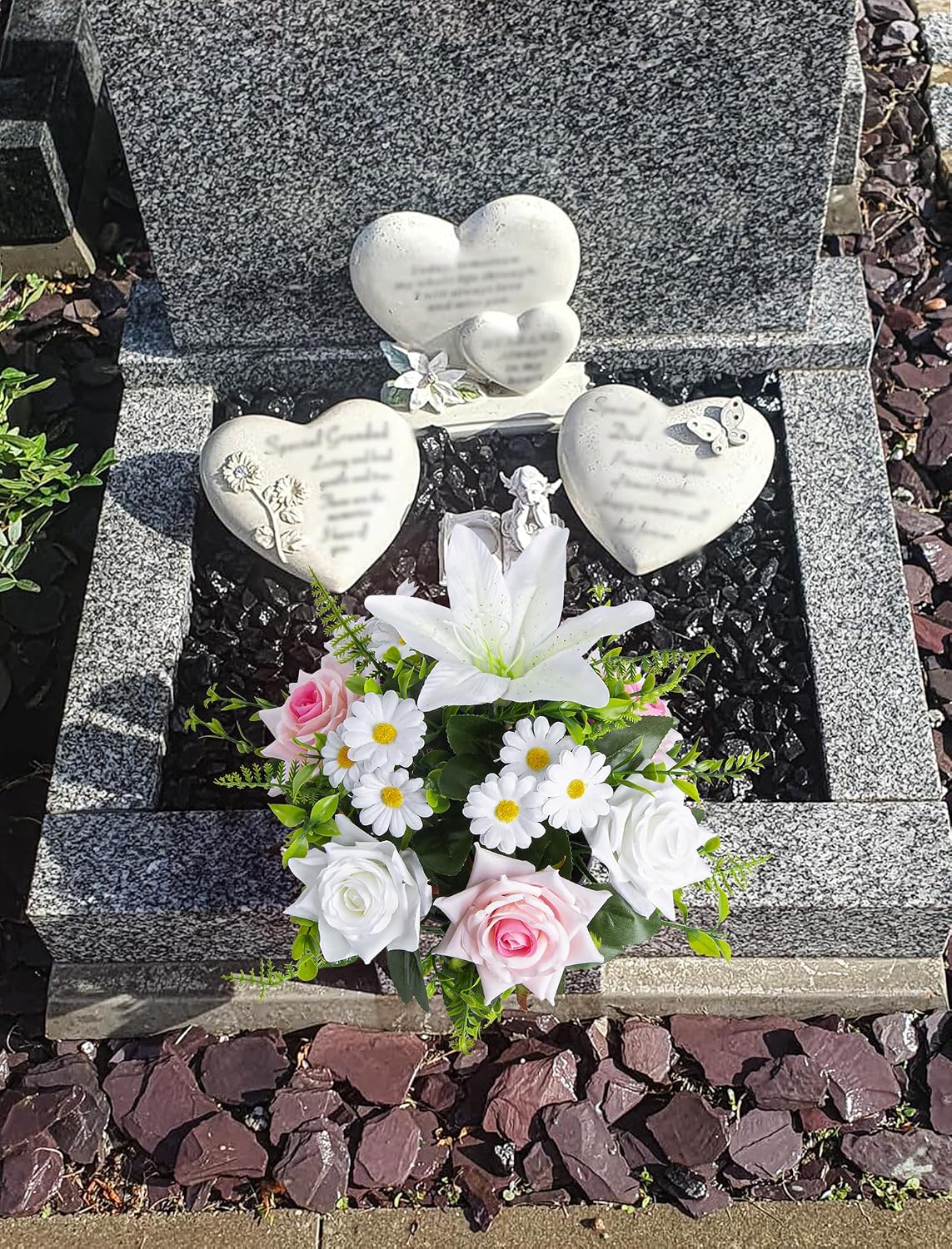 Artificial Grave Flowers in Pots, Artificial Rose Lily Daisy Memorial Flowers with Pot for Cemetery Funeral Outdoor Graveside Decoration (1piece, White & Red)