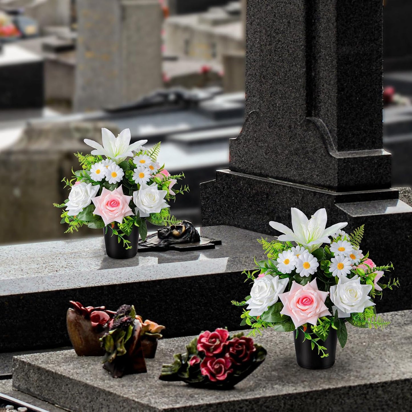 Artificial Grave Flowers in Pots, Artificial Rose Lily Daisy Memorial Flowers with Pot for Cemetery Funeral Outdoor Graveside Decoration (1piece, White & Red)