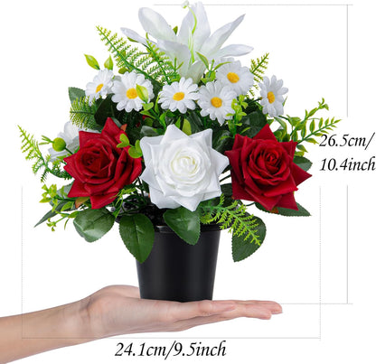 Artificial Grave Flowers in Pots, Artificial Rose Lily Daisy Memorial Flowers with Pot for Cemetery Funeral Outdoor Graveside Decoration (1piece, White & Red)