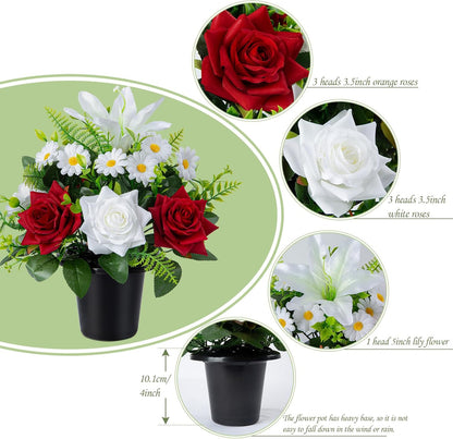 Artificial Grave Flowers in Pots, Artificial Rose Lily Daisy Memorial Flowers with Pot for Cemetery Funeral Outdoor Graveside Decoration (1piece, White & Red)