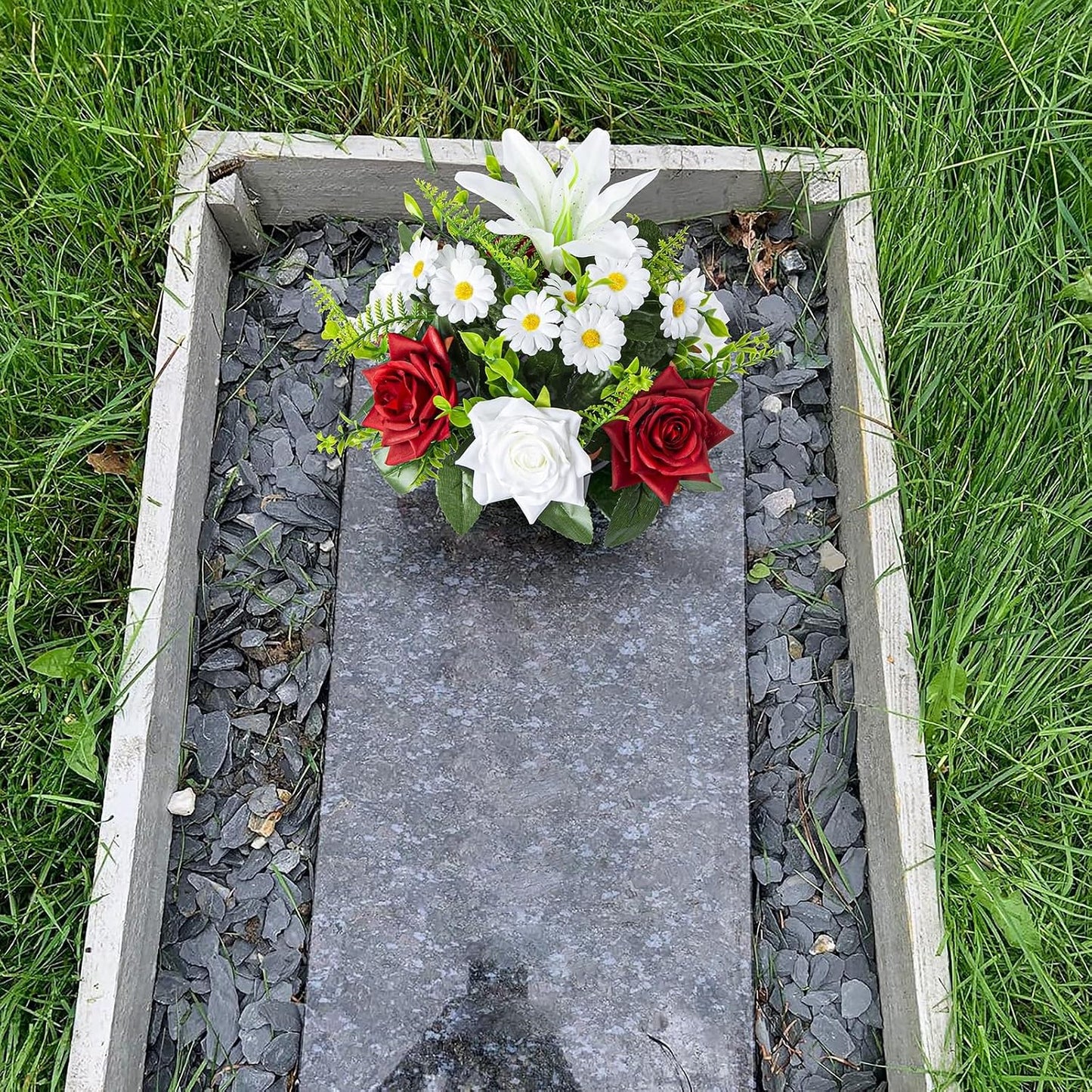 Artificial Grave Flowers in Pots, Artificial Rose Lily Daisy Memorial Flowers with Pot for Cemetery Funeral Outdoor Graveside Decoration (1piece, White & Red)