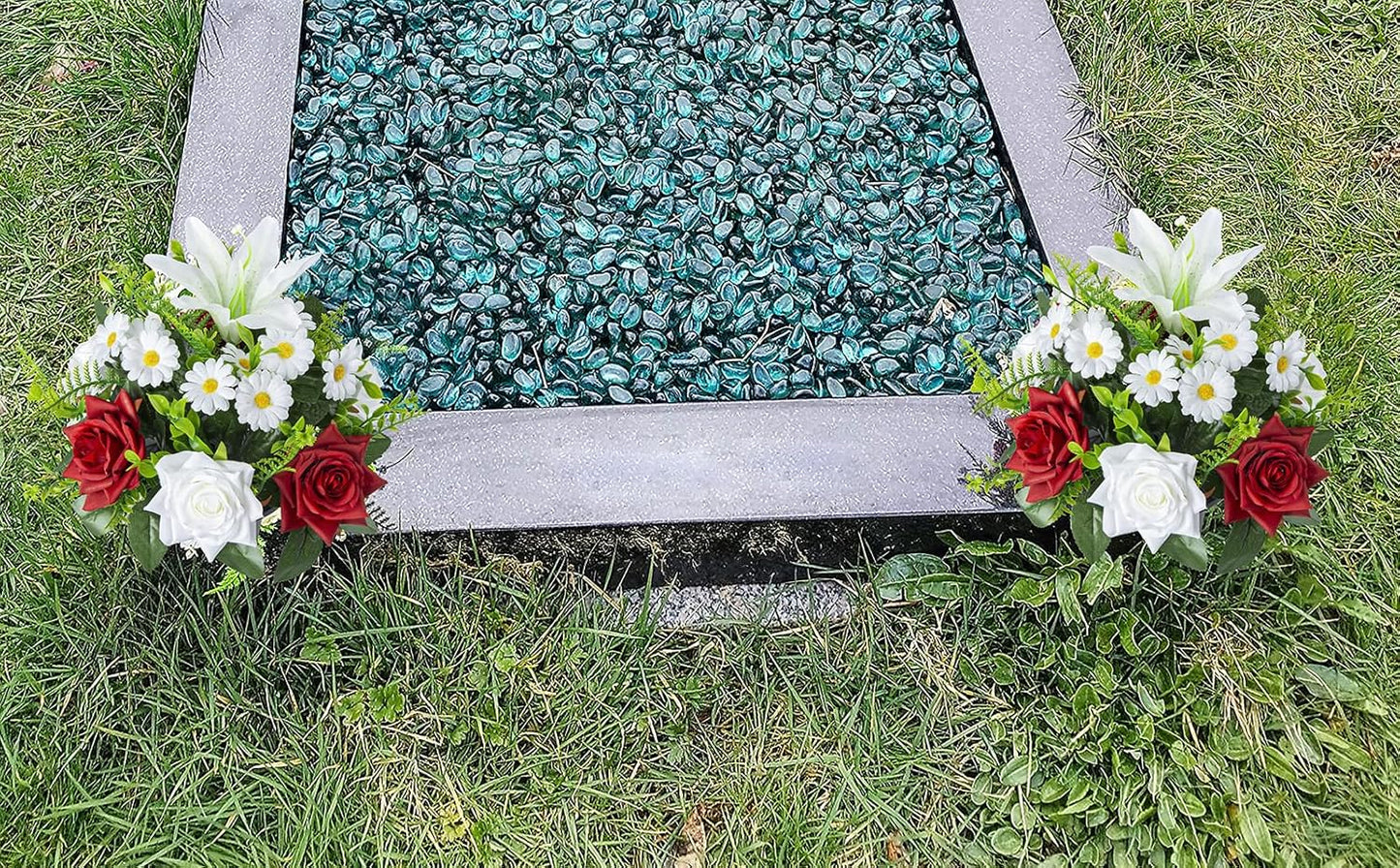 Artificial Grave Flowers in Pots, Artificial Rose Lily Daisy Memorial Flowers with Pot for Cemetery Funeral Outdoor Graveside Decoration (1piece, White & Red)