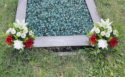 Artificial Grave Flowers in Pots, Artificial Rose Lily Daisy Memorial Flowers with Pot for Cemetery Funeral Outdoor Graveside Decoration (1piece, White & Red)