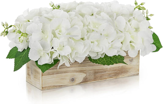 White Hydrangea Artificial Flowers Arrangement in Wooden Planter Pot, Fake Hydrangea Flowers with Rectangular Box Vase, Silk Floral Centerpiece for Dining Room, Coffee Table, Kitchen, Windowsill Decor