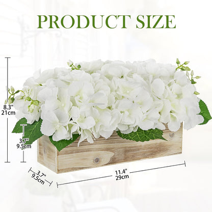 White Hydrangea Artificial Flowers Arrangement in Wooden Planter Pot, Fake Hydrangea Flowers with Rectangular Box Vase, Silk Floral Centerpiece for Dining Room, Coffee Table, Kitchen, Windowsill Decor