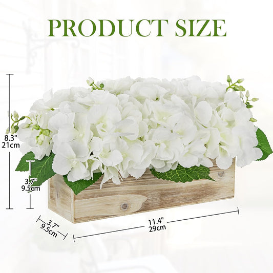 White Hydrangea Artificial Flowers Arrangement in Wooden Planter Pot, Fake Hydrangea Flowers with Rectangular Box Vase, Silk Floral Centerpiece for Dining Room, Coffee Table, Kitchen, Windowsill Decor
