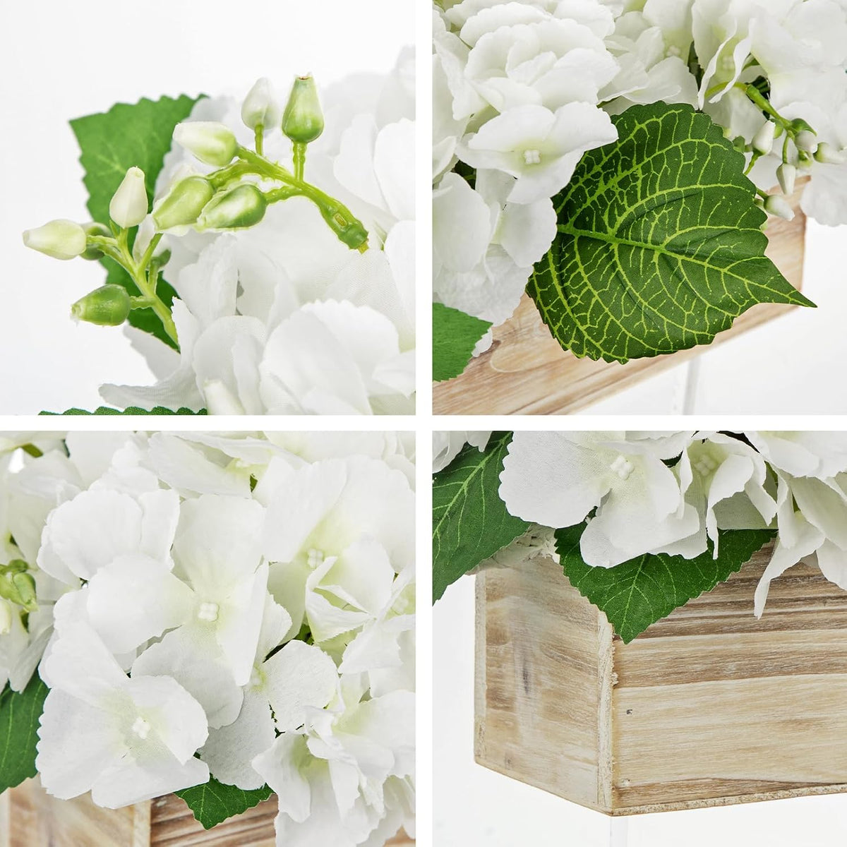 White Hydrangea Artificial Flowers Arrangement in Wooden Planter Pot, Fake Hydrangea Flowers with Rectangular Box Vase, Silk Floral Centerpiece for Dining Room, Coffee Table, Kitchen, Windowsill Decor