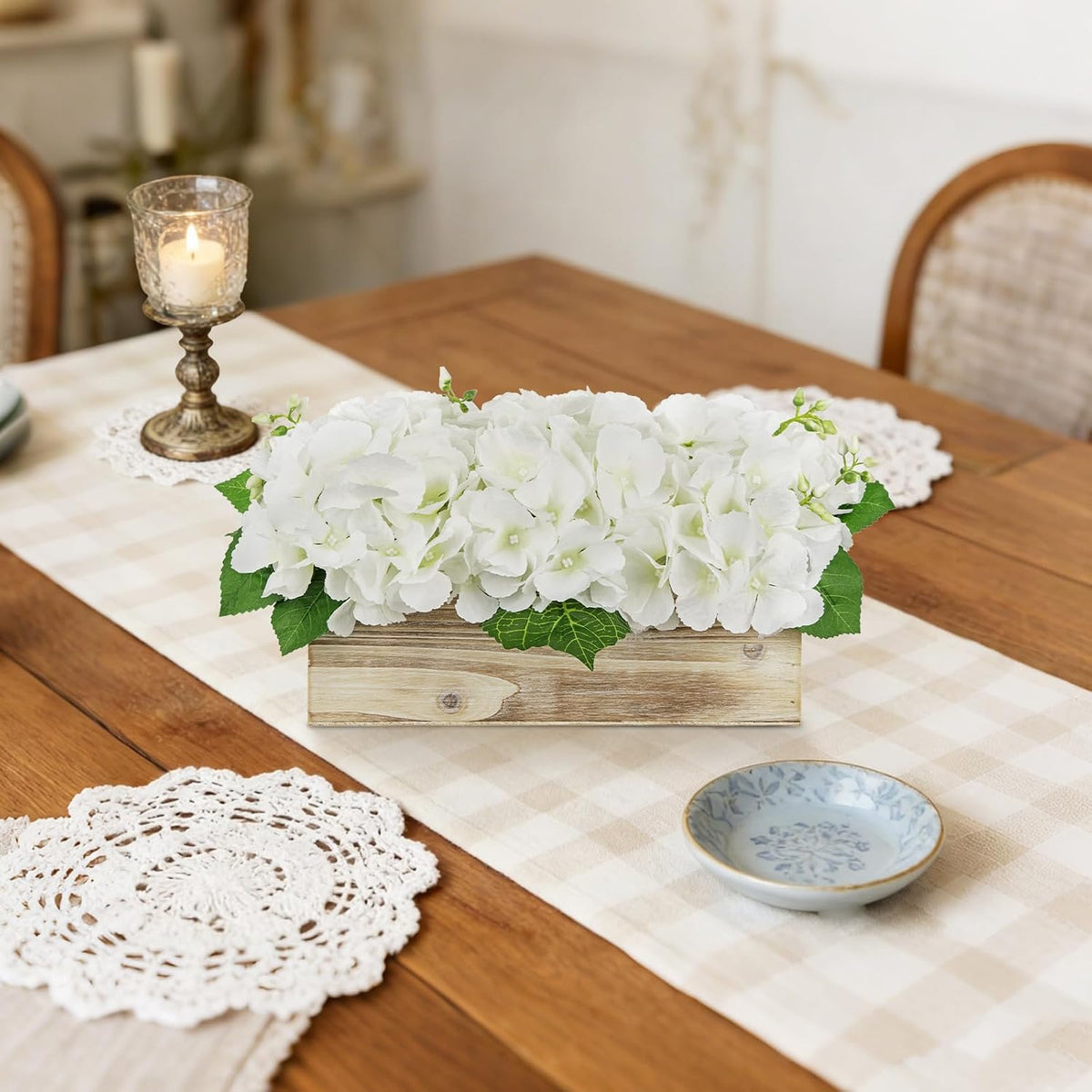 White Hydrangea Artificial Flowers Arrangement in Wooden Planter Pot, Fake Hydrangea Flowers with Rectangular Box Vase, Silk Floral Centerpiece for Dining Room, Coffee Table, Kitchen, Windowsill Decor