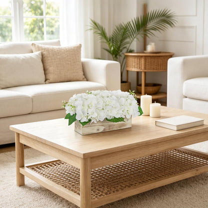 White Hydrangea Artificial Flowers Arrangement in Wooden Planter Pot, Fake Hydrangea Flowers with Rectangular Box Vase, Silk Floral Centerpiece for Dining Room, Coffee Table, Kitchen, Windowsill Decor