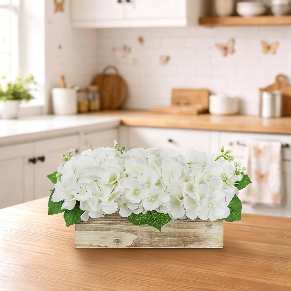 White Hydrangea Artificial Flowers Arrangement in Wooden Planter Pot, Fake Hydrangea Flowers with Rectangular Box Vase, Silk Floral Centerpiece for Dining Room, Coffee Table, Kitchen, Windowsill Decor